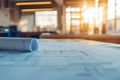 Architectural Blueprints with Rolled Plans Royalty Free Stock Photo