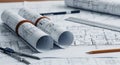 Architectural blueprints rolled up with drafting tools including compass ruler and pencils on a table Royalty Free Stock Photo