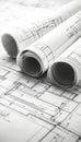 Architectural blueprints. Rolls of construction plans unfurled. Design, draft, project documentation