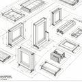 Architectural blueprints showcasing various window frame designs in detailed Royalty Free Stock Photo
