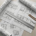 Architectural blueprints spread on a light wooden desk. Several sheets display Royalty Free Stock Photo