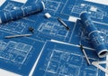 Architectural blueprints spread out on a Royalty Free Stock Photo