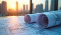 Architectural blueprints on table with modern metropolis skyline background. Rolls of detailed plans show city development, Royalty Free Stock Photo