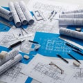 Of architectural blueprints and technical drawings is spread across a Royalty Free Stock Photo