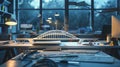 Architectural bridge model on a tidy desk with blueprints and design tools Royalty Free Stock Photo