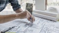 Architectural building design and construction plans with blueprints Royalty Free Stock Photo