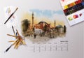 Architectural calendar 2021. Artist table up, watercolor illustration Istanbul, Turkey.
