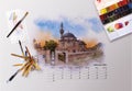 Architectural calendar 2021. Artist table up, watercolor illustration, maiden tower Istanbul, Turkey. Royalty Free Stock Photo