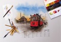 Architectural calendar 2021. Artist table up, watercolor illustration, red tram, Istanbul, Turkey.