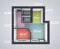 Architectural Color Floor Plan. One Bedroom Studio Apartment. Top View Rendering Style