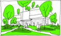 Architectural colorful sketch of a modern building with people and trees and green areas
