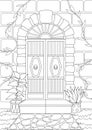 Architectural Coloring Page With Wooden Door With Stones And Plants Around. Architectonic Sheet To Be Colored With Gate