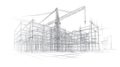 Construction site blueprint sketch with crane and building frame, architectural wireframe design Royalty Free Stock Photo