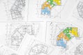 Architectural construction plans paper on table close up Royalty Free Stock Photo