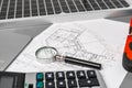 Architectural construction plans paper on table close up Royalty Free Stock Photo
