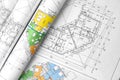 Architectural construction plans paper on table close up Royalty Free Stock Photo