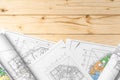 Architectural construction plans paper on table close up Royalty Free Stock Photo