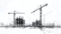 Construction Site Sketch with Cranes, Modern Architecture Project, Black and White Drawing Royalty Free Stock Photo