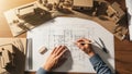 Architectural design process hands sketching blueprint model building construction planning Royalty Free Stock Photo