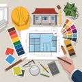 Architectural design process showcasing blueprints color swatches and construction tools, AI Generated Royalty Free Stock Photo