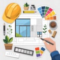 Architectural design process with tools and color palettes illustrating creative planning, AI Generated Royalty Free Stock Photo