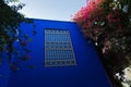 Architectural detail of a blue wall and a window with an oriental fence at sunset in Majorelle garden, Marrakech, Morocco Royalty Free Stock Photo