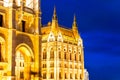 Architectural detail of the building of the Hungarian Parliament at night. Budapest, Hungary Royalty Free Stock Photo