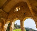 Architectural detail of the famous Romanesque church of Oviedo, Santa Maria del Naranco. Royalty Free Stock Photo