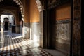 architectural detail of a grand entryway, with intricate patterns and designs in the tilework