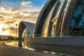 An architectural detail of the National Academy of Performing Arts Building Port-of-Spain, Trinidad and Tobago at sunset