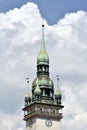 Architectural detail of old building in Brno with blue sky and clouds Royalty Free Stock Photo