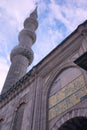 Architectural detail of one of the minarets of the Blue Mosque of Sultanahmed, in Istanbul, Turkey. Low angle view. Royalty Free Stock Photo