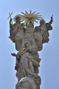 Architectural detail with statues in Brno with blue sky and clouds Royalty Free Stock Photo