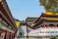 Architectural details of  Chinese traditional royal style colorful Baoxiang lecture temples in the Putuoshan mountains, Zhoushan Royalty Free Stock Photo