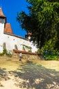 Architectural details of medieval church. View of fortified church of Viscri, UNESCO heritage site in Transylvania. Romania, 2021 Royalty Free Stock Photo
