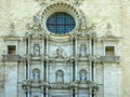 Architectural details of the medieval facade of the Saint Mary cathedral of the Gerona city Royalty Free Stock Photo