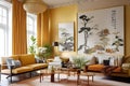 Architectural Digest photo of a Japanese and Scandinavian design style living room with golden light