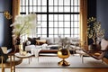 Architectural Digest photo of a Japanese and Scandinavian design style living room with golden light