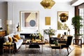 Architectural Digest photo of a Japanese and Scandinavian design style living room with golden light