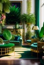 Architectural Digest photo of a maximalist green living room with lots of flowers and plants, golden light, hyperrealistic