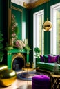 Architectural Digest photo of a maximalist green living room with lots of flowers and plants, golden light, hyperrealistic