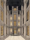 Architectural digital rendering of a classical building interior courtyard with illuminated windows and detailed structural Royalty Free Stock Photo