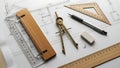 Architectural Drafting Tools on Blueprint Royalty Free Stock Photo