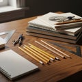 Architectural Drafting Tools and Notebooks on Wooden Desk Royalty Free Stock Photo