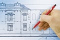 Architectural drawing with building elevation relief of an old building drawn by hand on paper Royalty Free Stock Photo