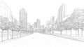 Sketch of a modern cityscape with trees in the foreground and tall buildings lining the street Royalty Free Stock Photo