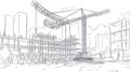 Construction Site Crane and Building Skeleton - Sketch Style Royalty Free Stock Photo