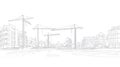 Construction site with cranes and modern buildings in outline sketch style Royalty Free Stock Photo