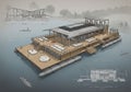 Architectural drawing depicting a modern waterfront housing development with a Royalty Free Stock Photo