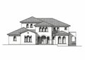 Architectural drawing of a large, two-story house featuring a Mediterranean design. The structure Royalty Free Stock Photo